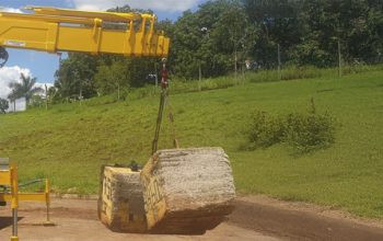 Guindaste veicular articulado em caminhão levantando carga durante operação de movimentação com braço hidráulico.